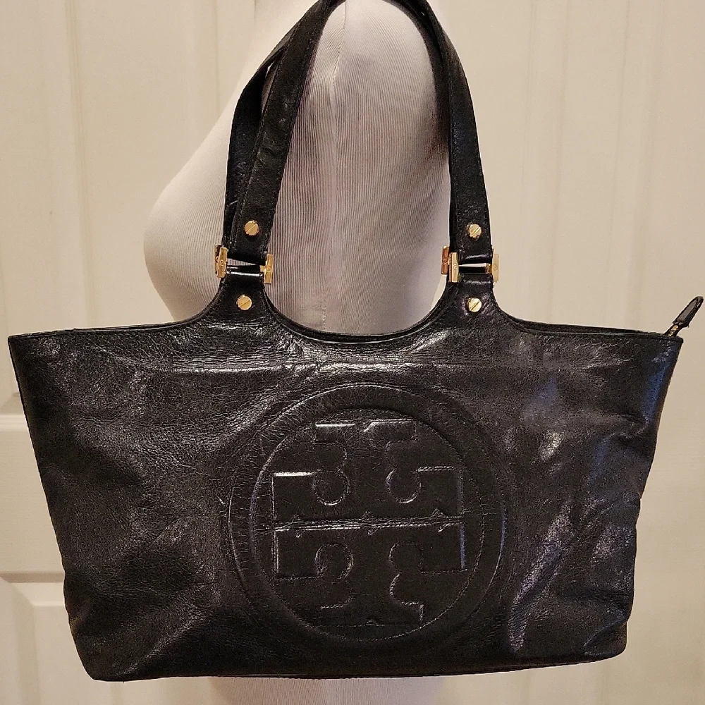 Tory Burch Bombe Black Leather Tote Bag - Picture 1 of 9